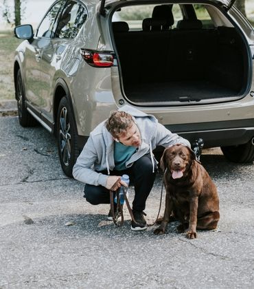 Een man aait een hond, vlakbij een geparkeerde auto met de koffer open