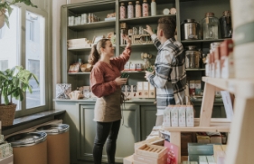 Een verkoopmedewerker en een klant in een sfeervolle winkel reiken beiden met hun hand naar een plank met producten.