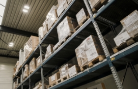 Magazijnstellingen in een bedrijfshal met daarop pallets.