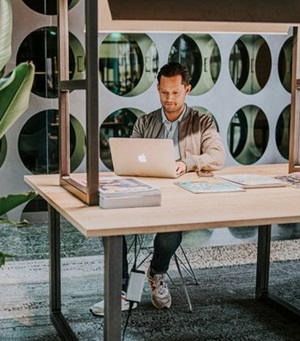Man zit achter een MacBook aan een tafel, naast een grote plant