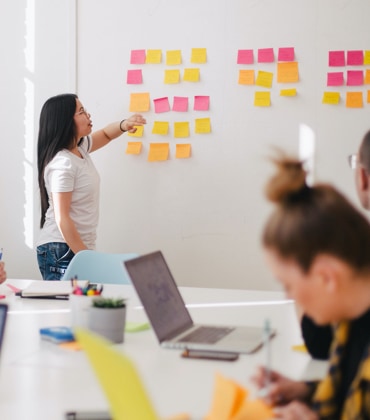 Een vrouw voor een whiteboard met post-its