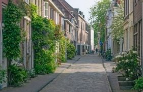Smalle straat met huizen met geveltuintjes aan beide kanten
