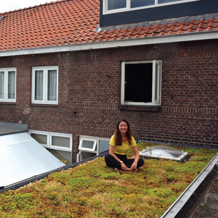 Vrouw zit op een groen dak en lacht